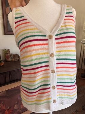 LOFT Striped Knit Tank Top L White Rainbow Button Front